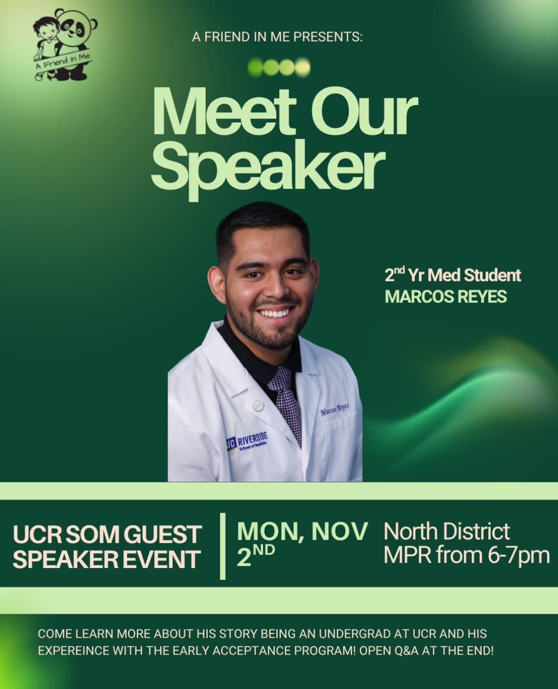 Flyer for A Friend in Me Guest Speaker Event: Marcos Reyes