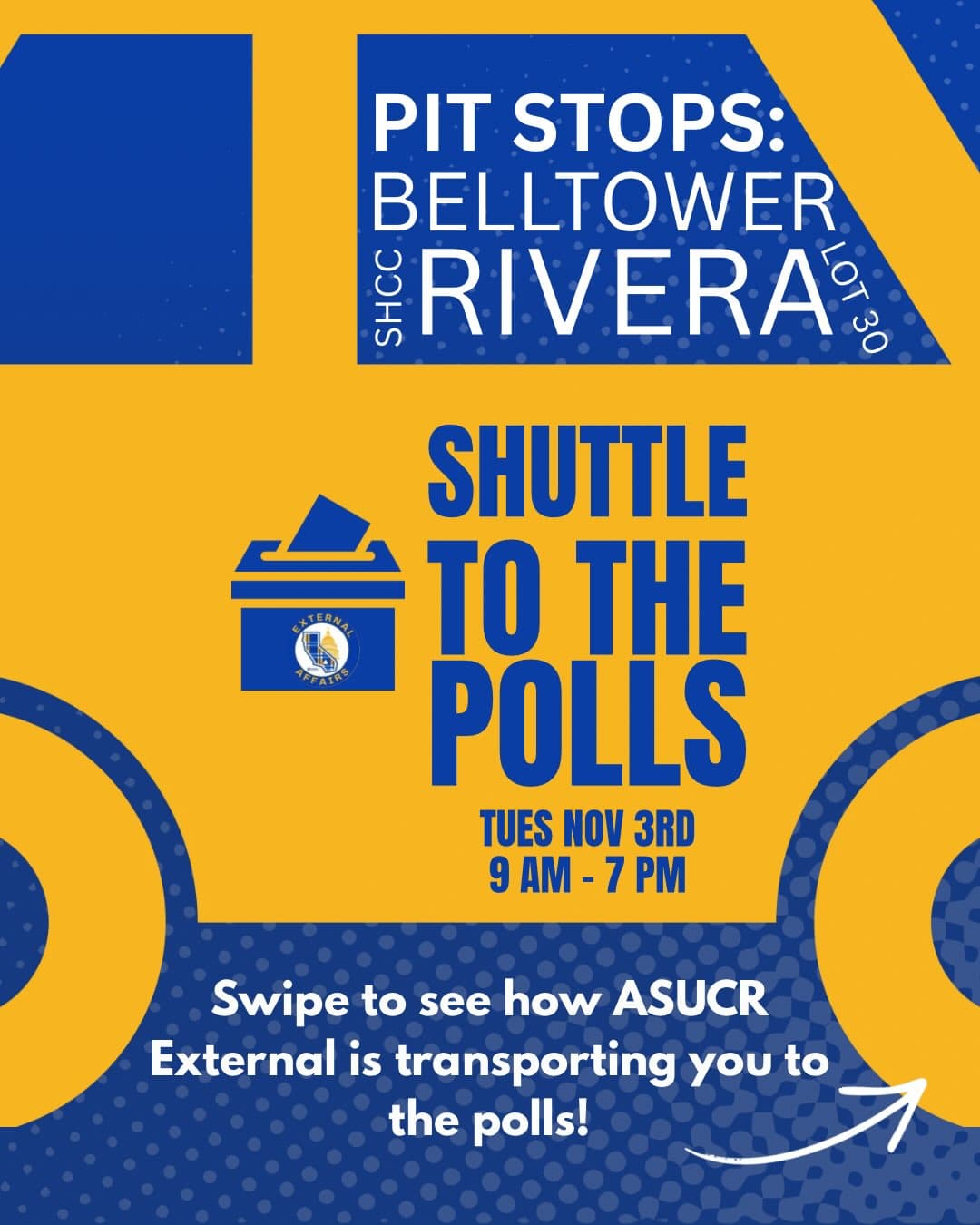 Flyer for ASUCR External Shuttle to the Polls