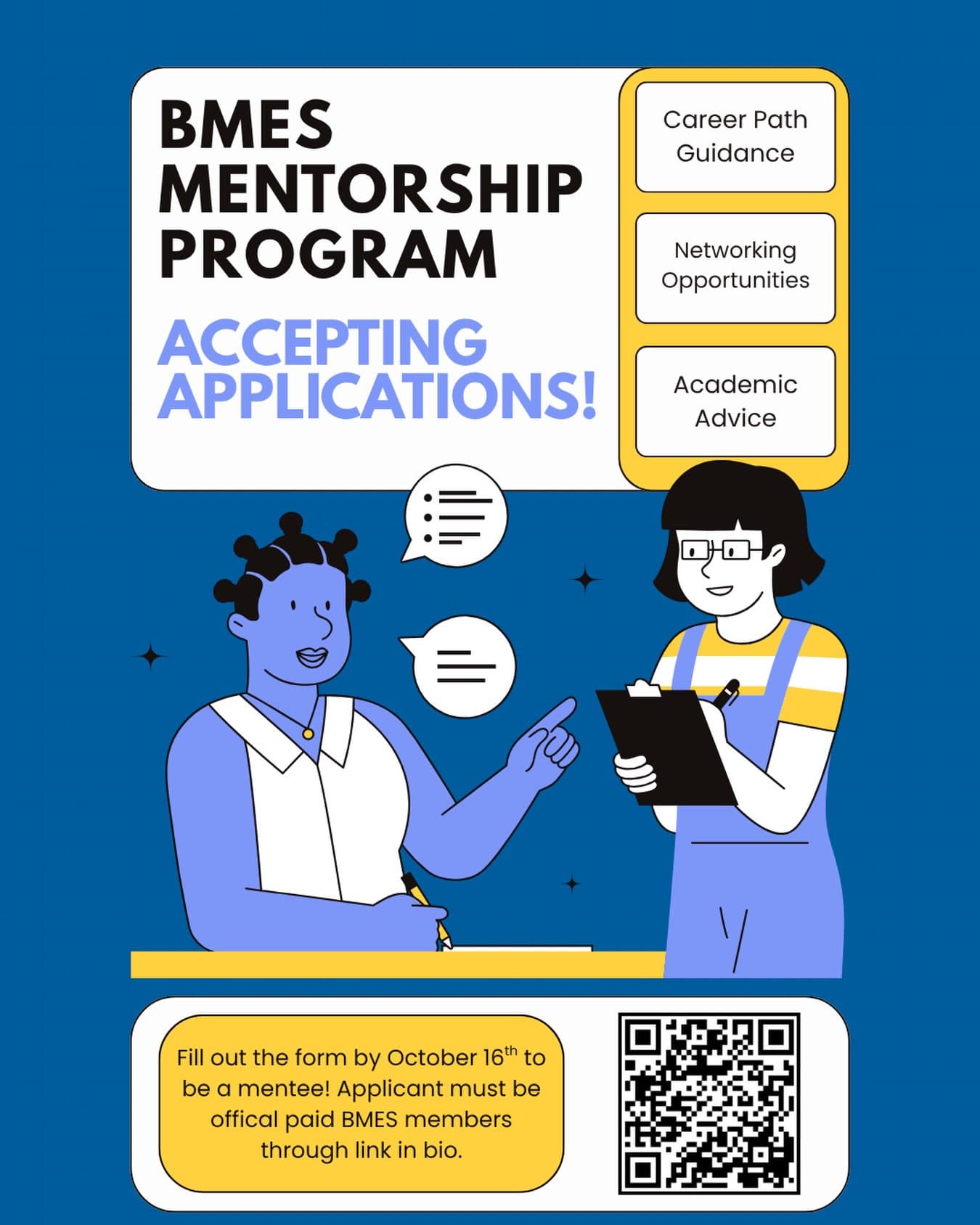 Flyer for BMES Mentorship Program Application Deadline