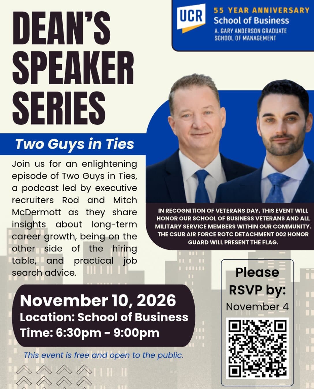 Flyer for Dean's Speaker Series: Two Guys in Ties