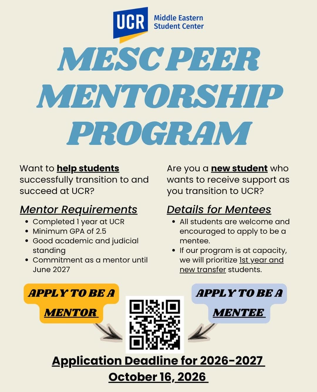 Flyer for MESC Peer Mentorship Program Application Deadline