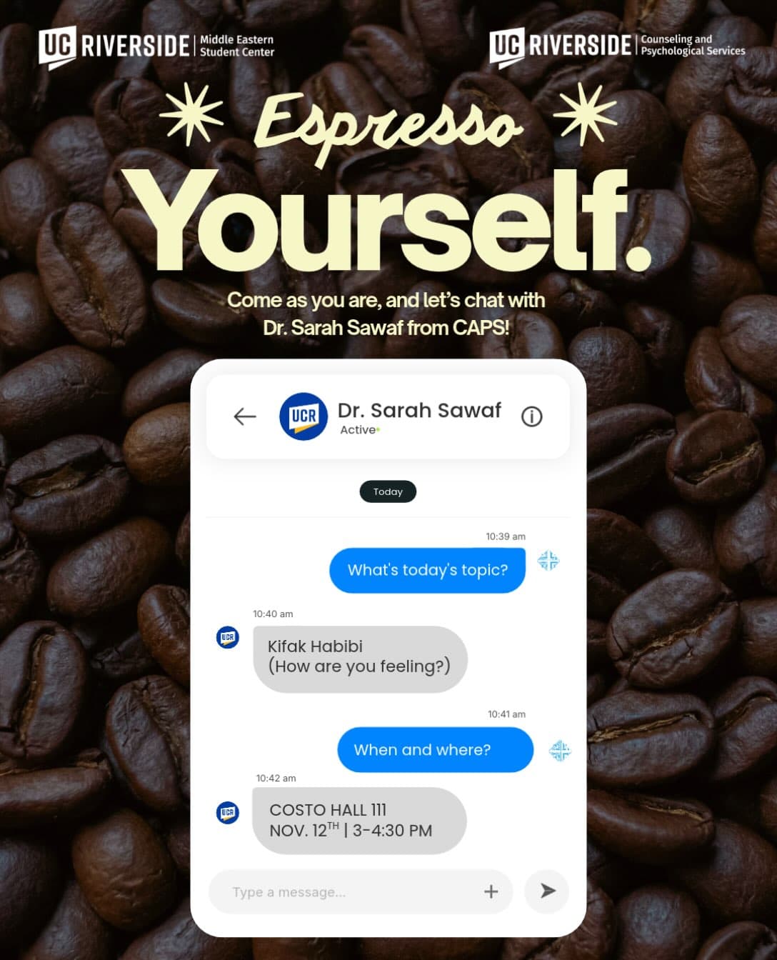 Flyer for Espresso Yourself with Dr. Sarah Sawaf