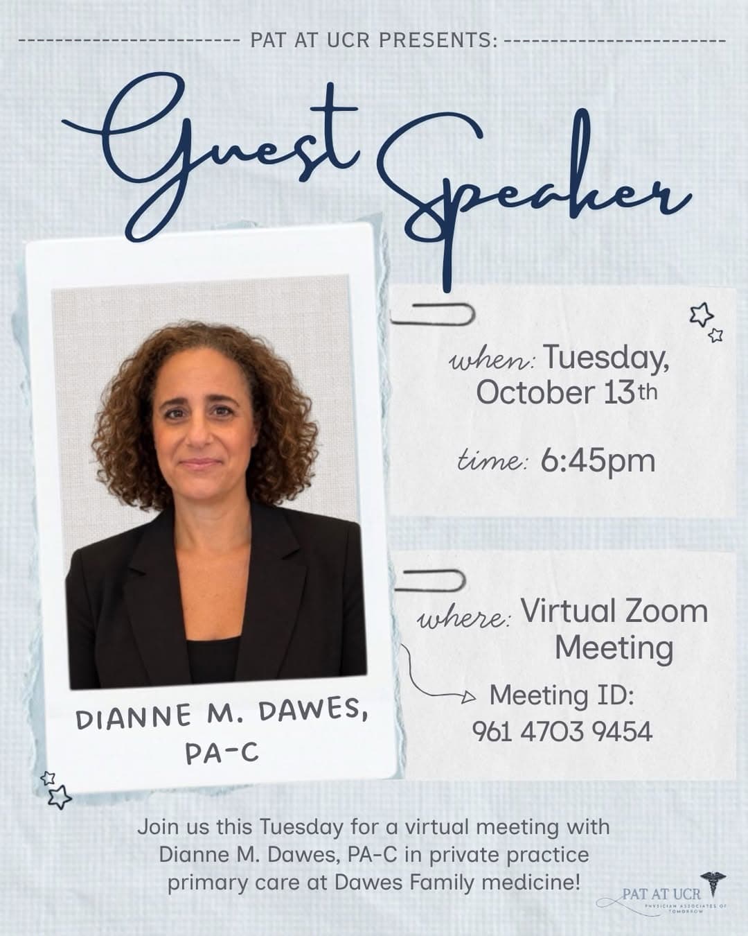Flyer for PA-C Guest Speaker Event: Dianne M. Dawes