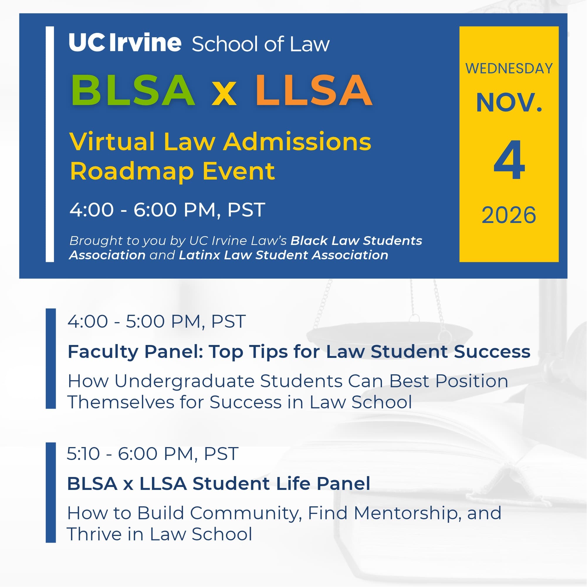 Flyer for Virtual Law Admissions Roadmap Event: Faculty Panel: Top Tips for Law Student Success