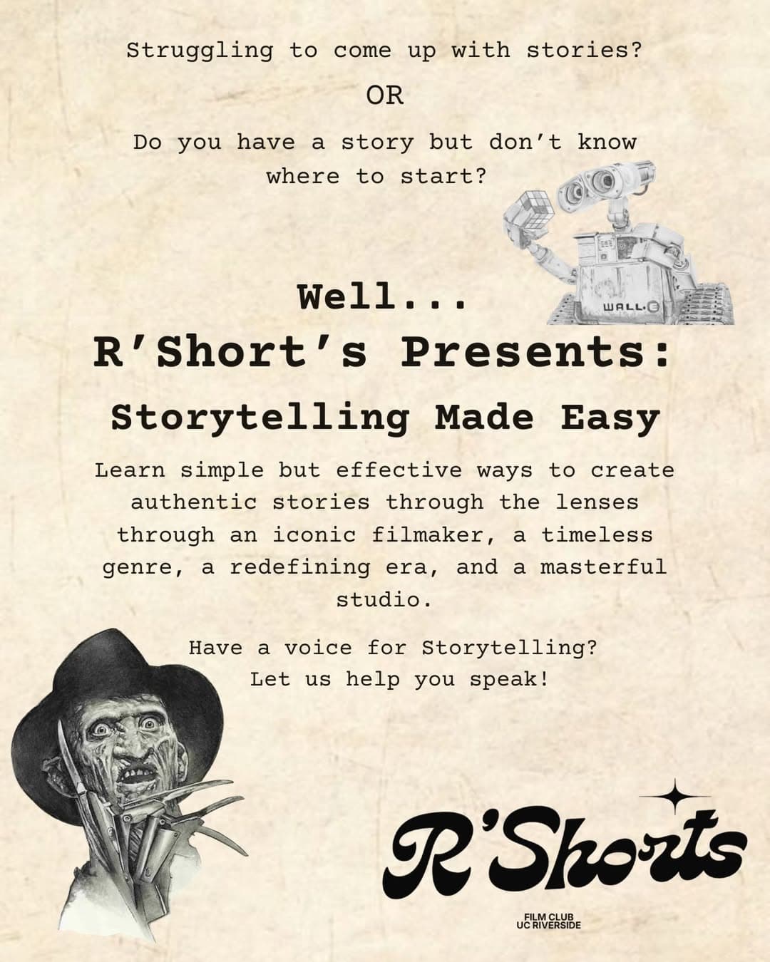 Flyer for R'Shorts Storytelling Made Easy Workshop