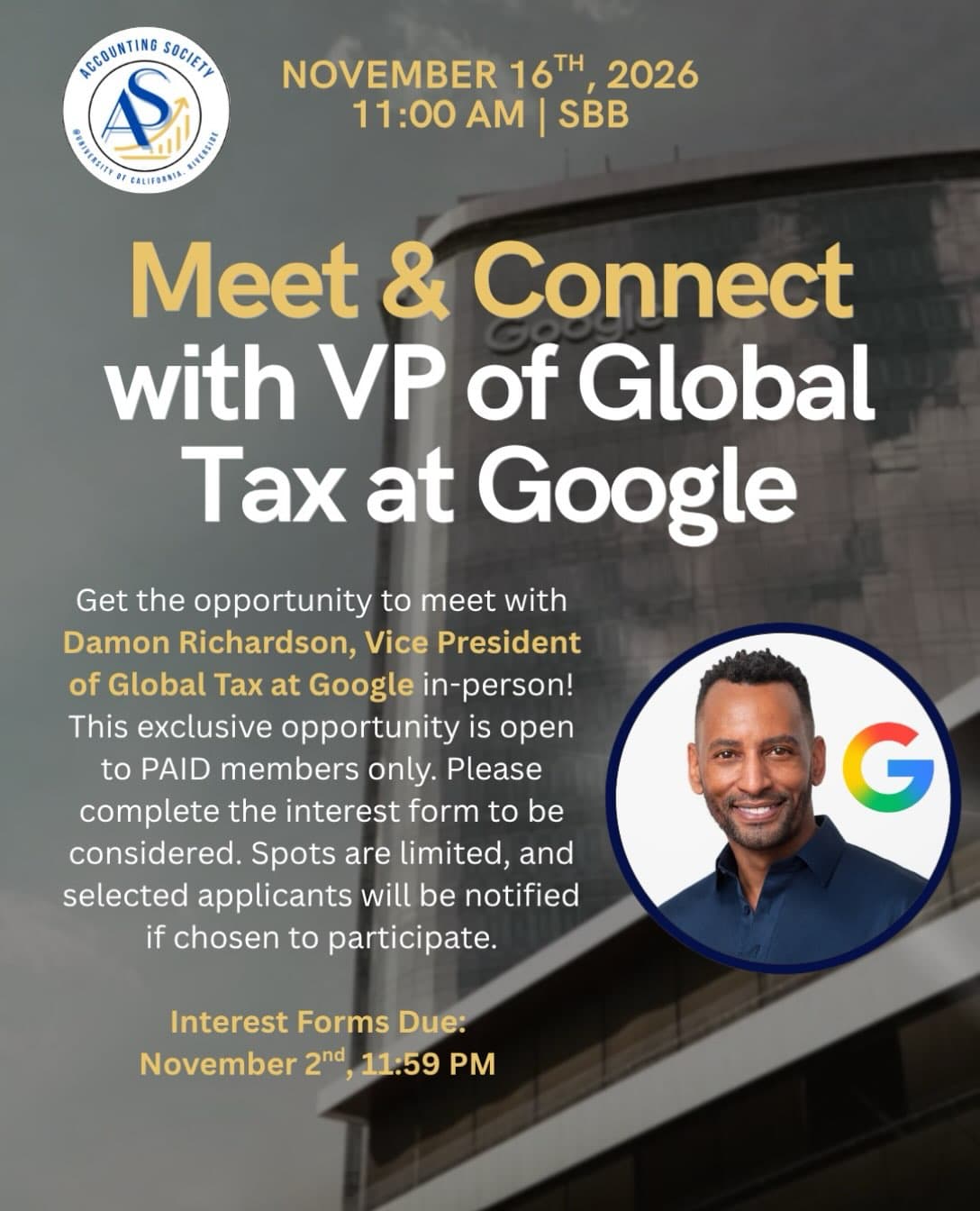 Flyer for Interest Form Deadline: Meet the VP of Global Tax at Google