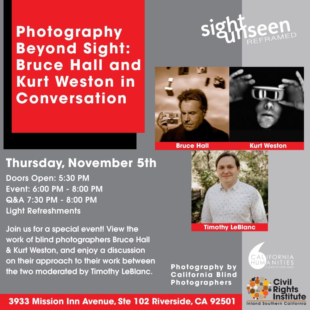 Flyer for Photography Beyond Sight: Bruce Hall and Kurt Weston in Conversation