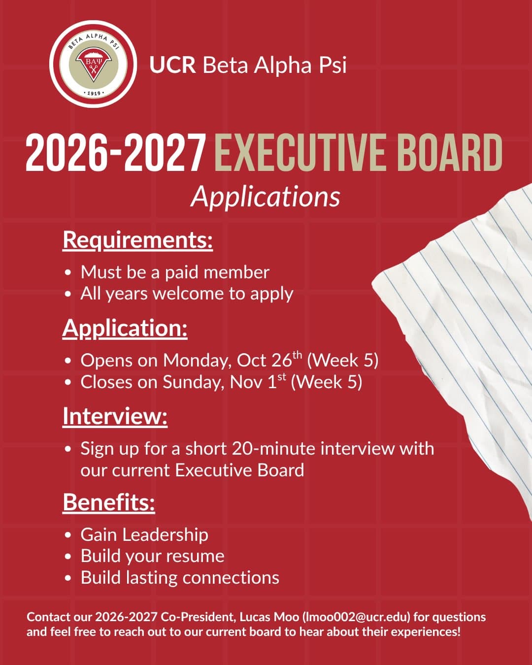Flyer for UCR Beta Alpha Psi 2026–2027 Executive Board Application Deadline