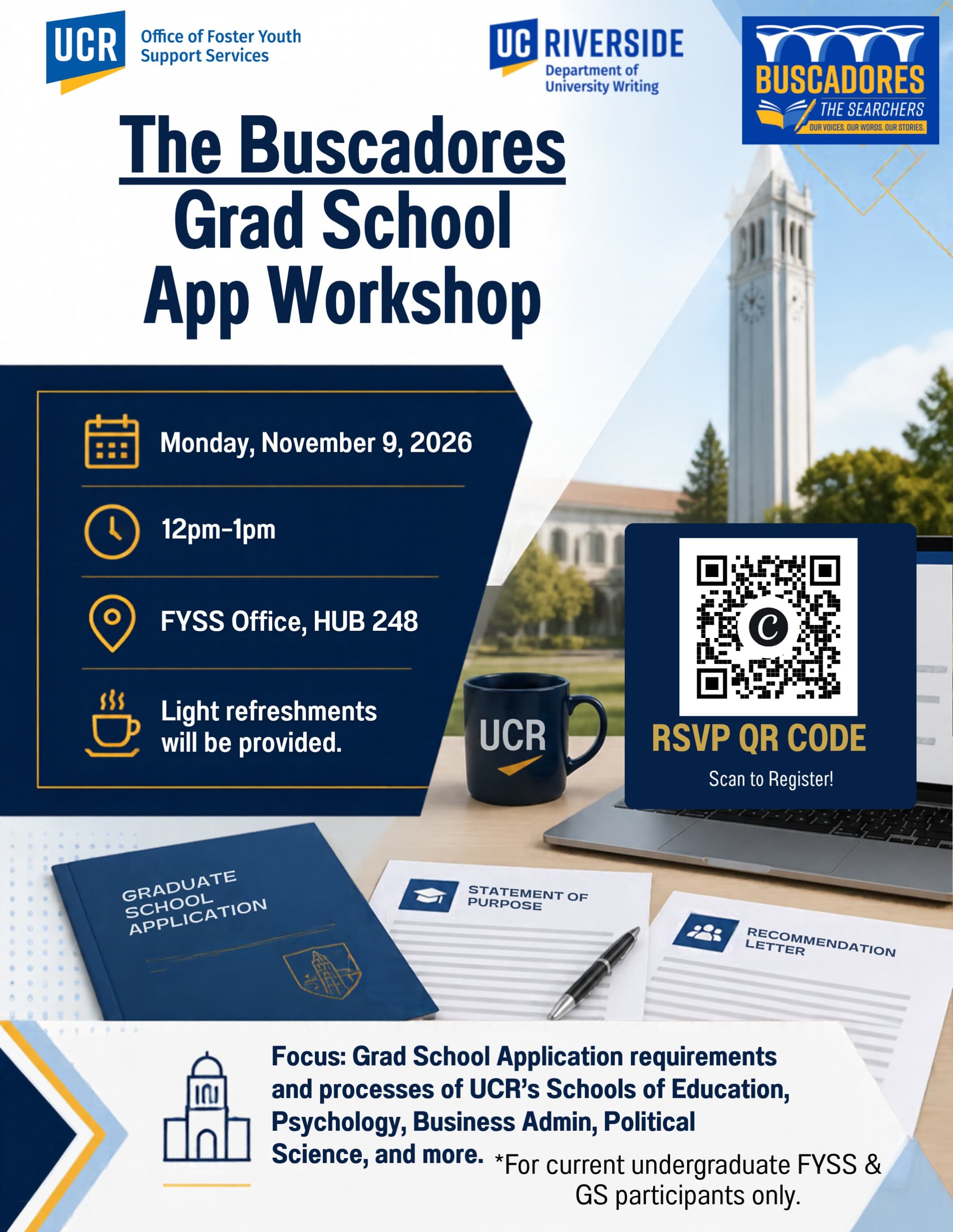 Flyer for The Buscadores Grad School App Workshop