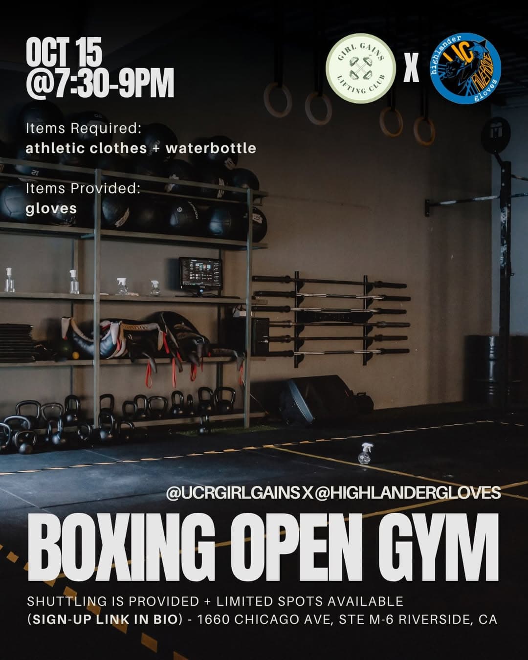 Flyer for UCR Girl Gains x Highlander Gloves Boxing Open Gym