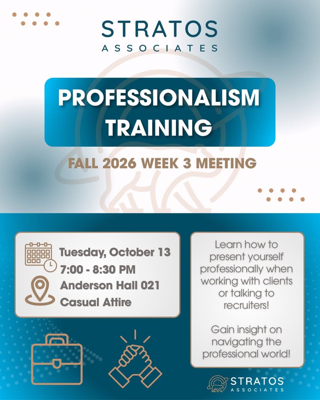 Flyer for Stratos Associates Professionalism Training: Fall 2026 Week 3 Meeting