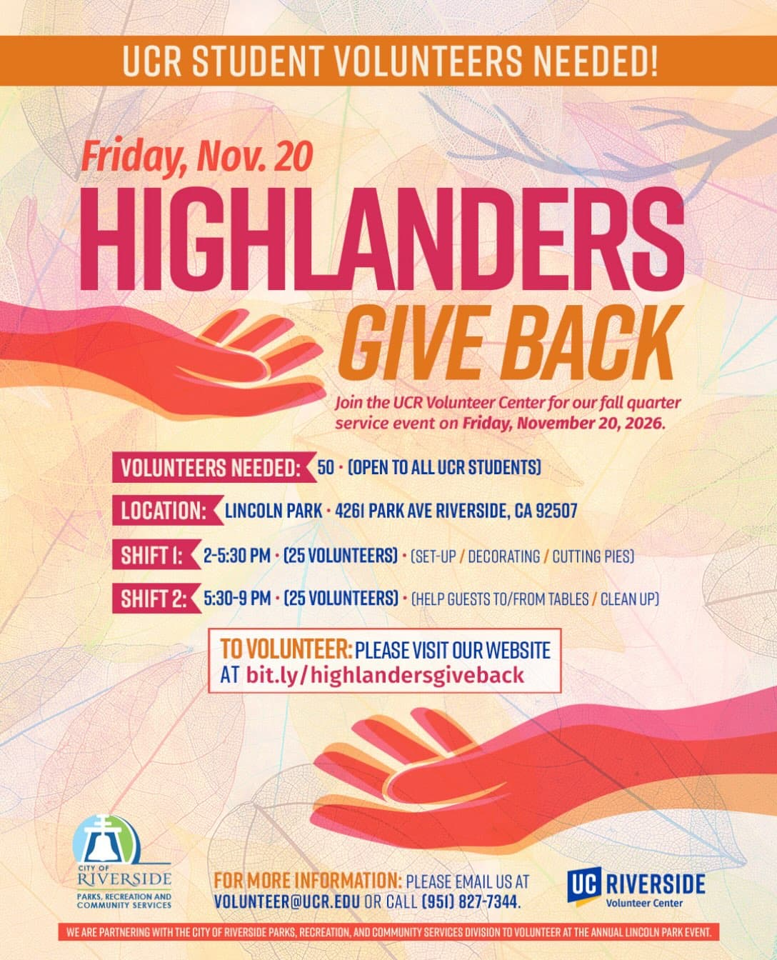 Flyer for Highlanders Give Back Volunteer Shift 1