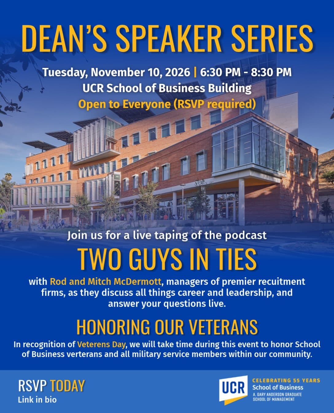 Flyer for Deanโs Speaker Series: Two Guys in Ties