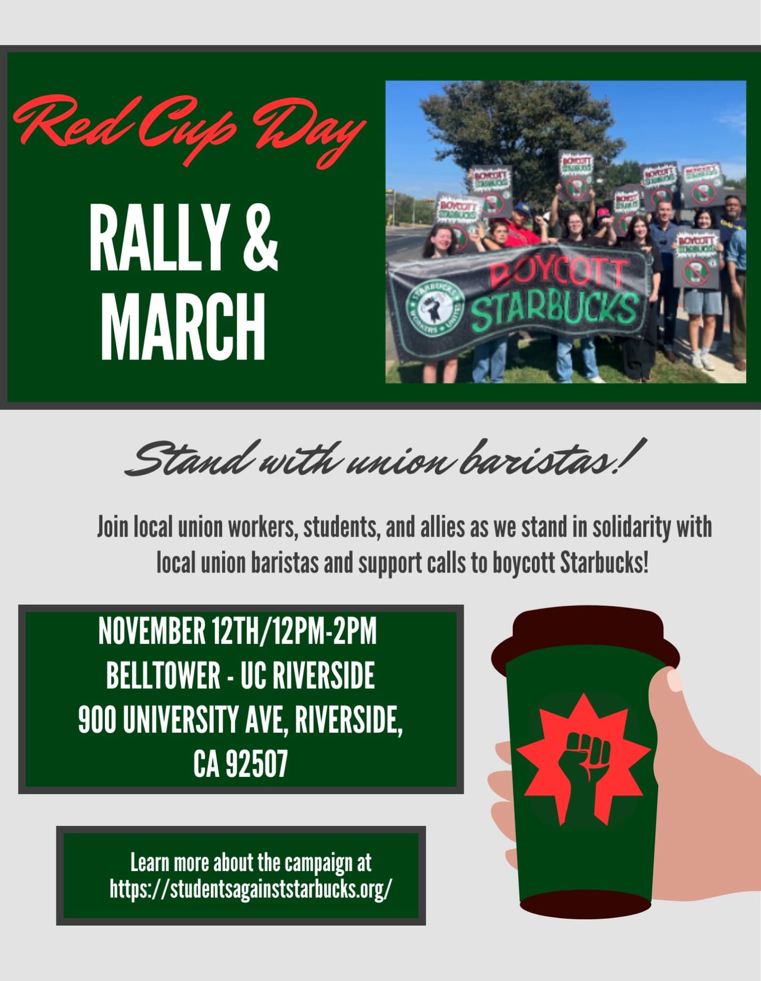 Flyer for Red Cup Day Rally & March